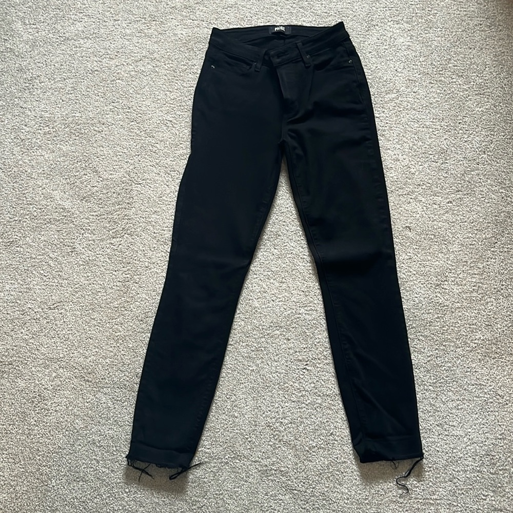 Paige denim. Skinny, ankle length with frayed hem. Size 26.